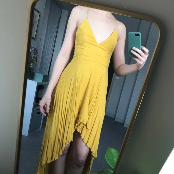 mustard yellow high low dress AW.Bridal A-line Sweetheart Neckline Floor Length Sleeveless Spaghetti Straps Chiffon Ruffles Tiered Wedding Guest Dresses Mustard Yellow Size 18